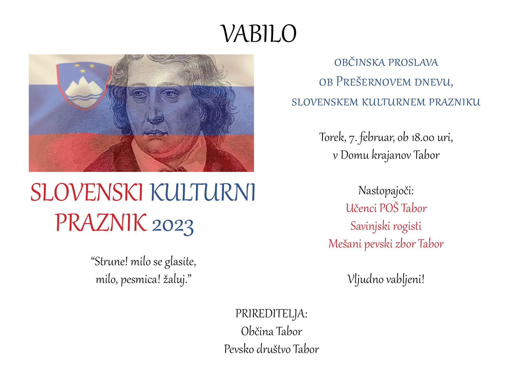 Vabilo na proslavo ob slovenskem kulturnem prazniku 2023